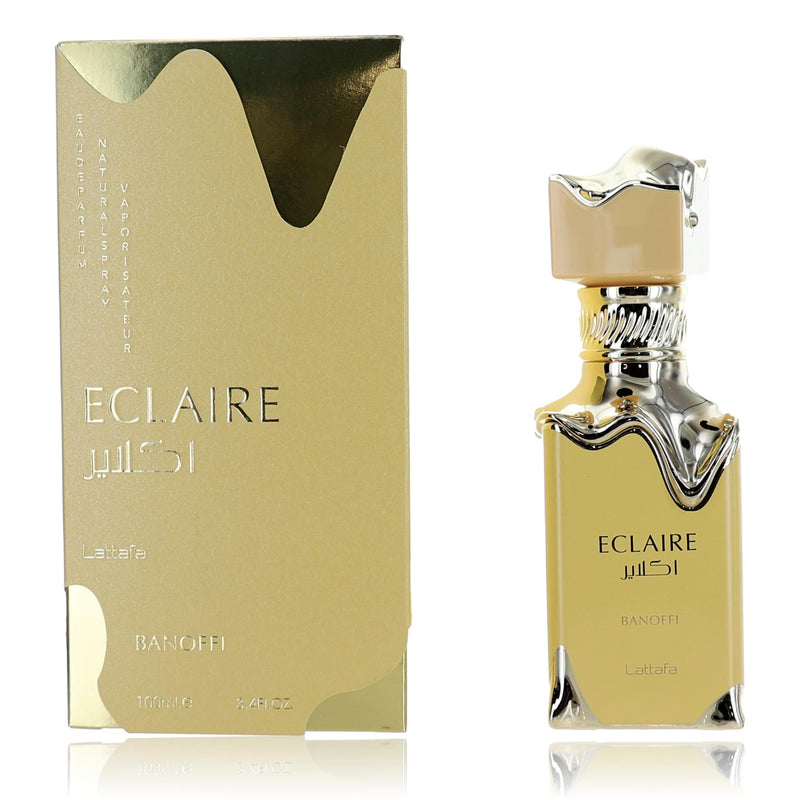 Eclaire Banoffi by Lattaffa 3.4 oz unisex EDP spray bottle with elegant packaging and gold accents.