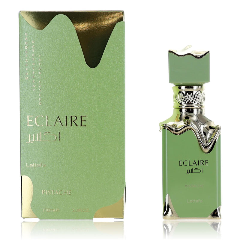 Lattafa Eclaire Pistache unisex 3.4 oz Eau de Parfum spray, featuring pistachio and fresh fragrance elements.