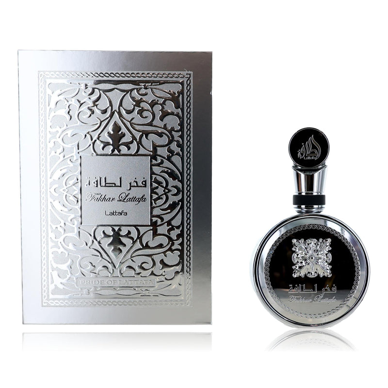 Fakhar Platin by Lattafa unisex 3.4 oz EDP spray bottle with sleek packaging and elegant design.