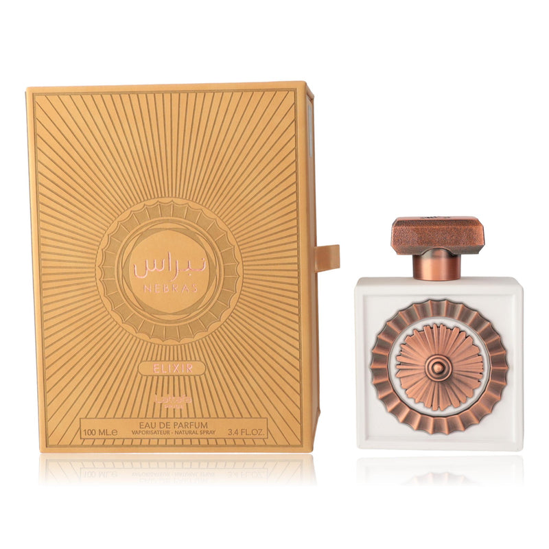 Lattafa Nebras Elixir 3.4 oz unisex EDP spray bottle with elegant design and clear bottle label.