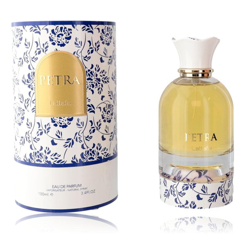 Lattafa Petra unisex 3.4 oz EDP spray bottle with elegant packaging and clear fragrance label.