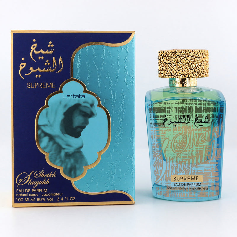 Lattafa Sheikh Al Shuyukh Supreme unisex 3.4oz EDP spray bottle, featuring elegant packaging and the fragrance's distinctive design.