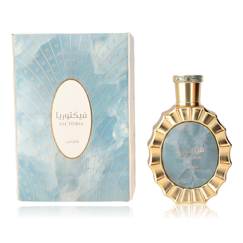 Victoria by Lattafa 3.4 oz unisex EDP spray bottle, stylish packaging, and elegant design for both men and women.