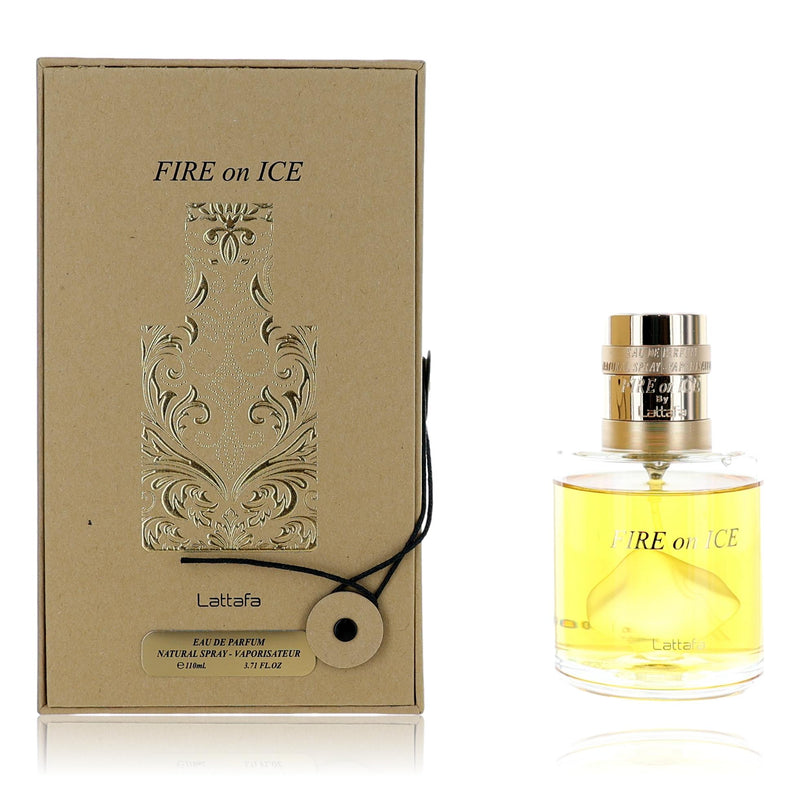 Lattafa Fire on Ice unisex 3.71 oz EDP spray bottle with sleek design, showcasing the fragrance packaging and branding.