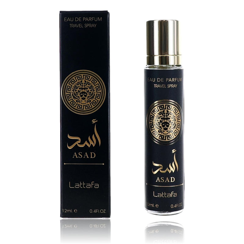Asad by Lattafa men's 0.4 oz EDP travel spray, compact perfume bottle with black cap and clear glass body.