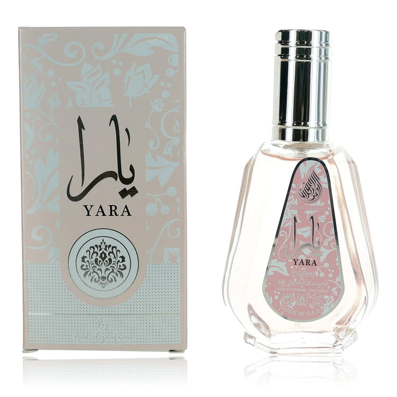 Yara by Ard Al Zaafaran 1.7 oz Eau De Perfume Spray for Women, with elegant bottle and floral design.