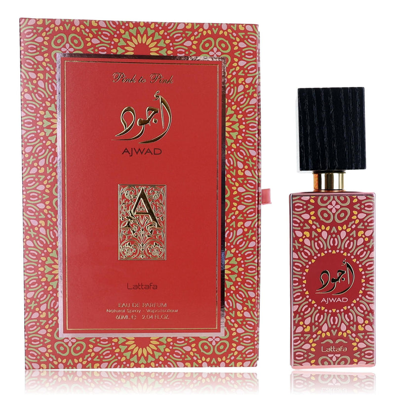 Lattafa Ajwad Pink to Pink unisex 2.04 oz EDP spray bottle, elegant packaging, showcasing the fragrance product.