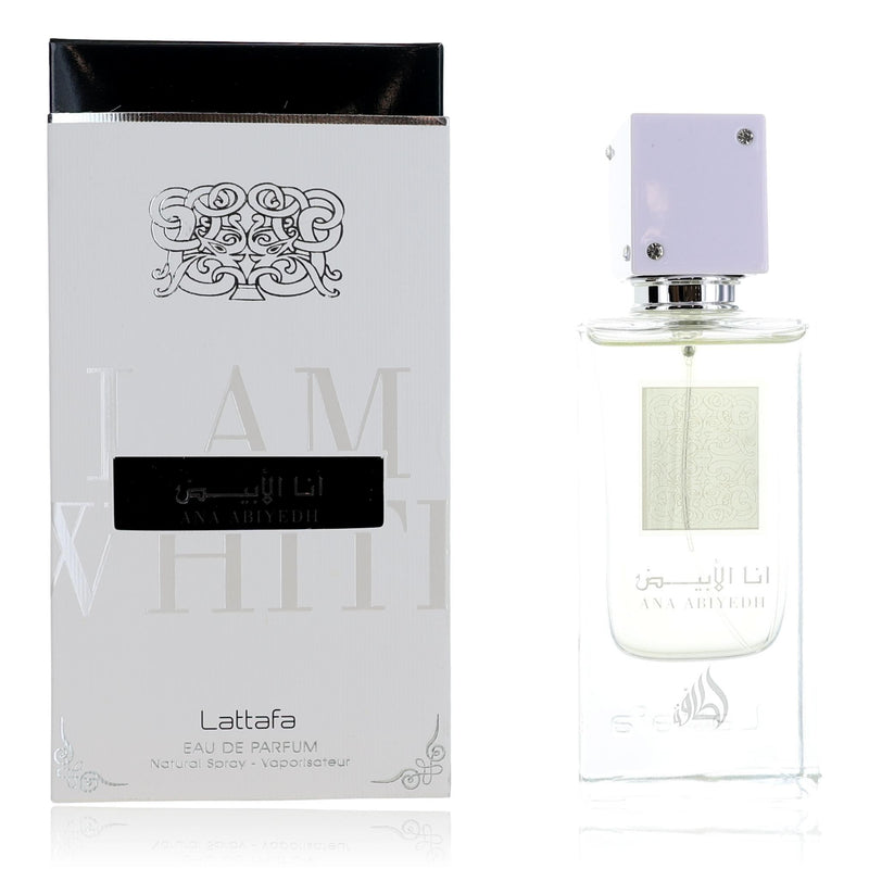 Lattafa Ana Abiyedh unisex 2.04 oz EDP spray bottle, elegant perfume with floral and woody notes, displayed in the image