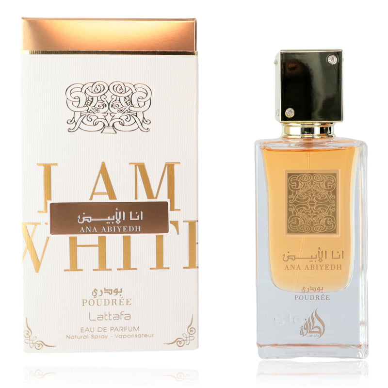 Lattafa Ana Abiyedh Poudree 2 oz unisex EDP spray bottle with elegant packaging and floral fragrance design.