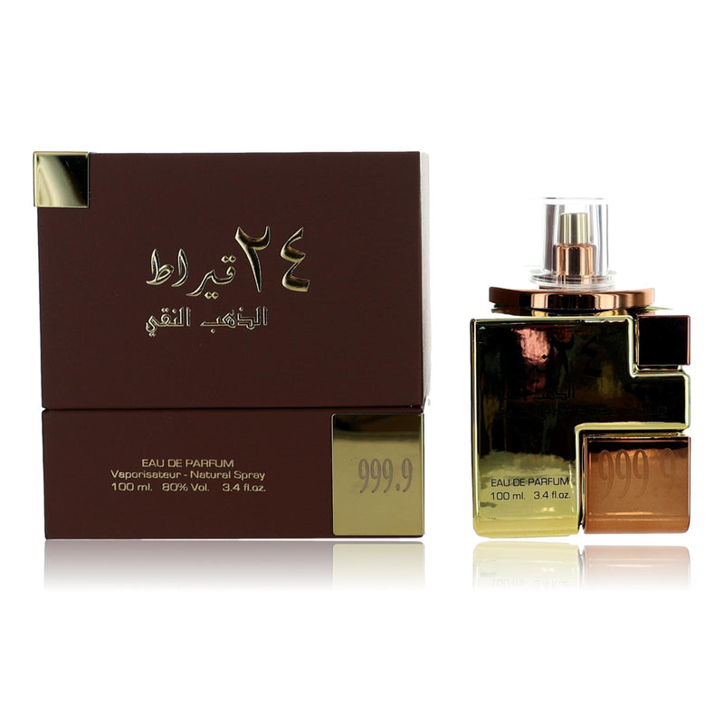 Lattafa 24 Carat Pure Gold unisex 3.4 oz EDP spray, showcasing the elegant gold bottle and luxurious packaging.
