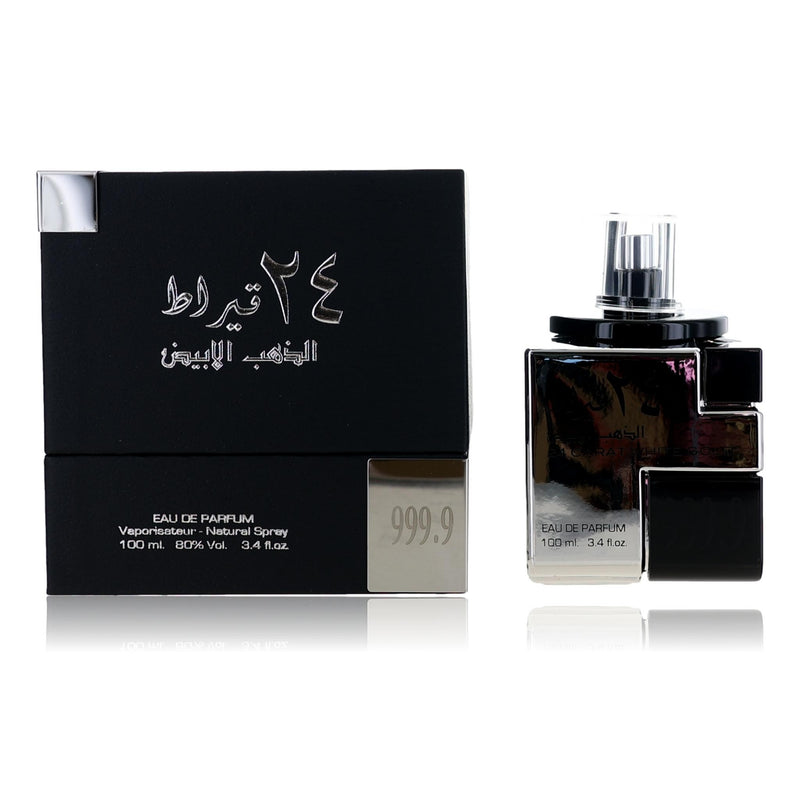 Lattafa 24 Carat White Gold unisex eau de parfum spray, 3.4 oz, featuring elegant white gold packaging and a luxurious fragrance.