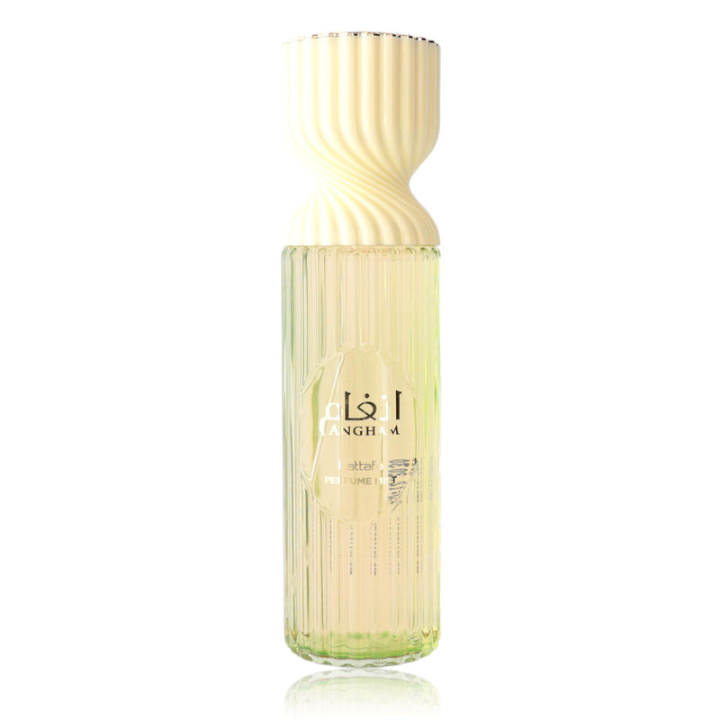 Lattafa Angham unisex perfume mist in a sleek 8.4 oz bottle with elegant packaging, designed for both men and women.
