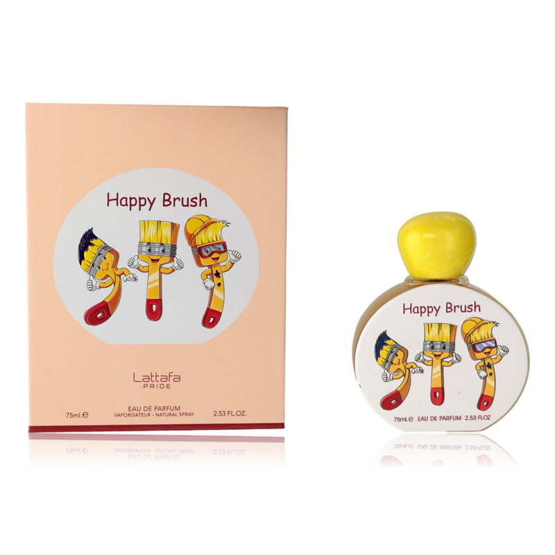Lattafa Happy Brush 2.5 oz kids' Eau de Parfum spray, colorful packaging with playful design and floral accents.