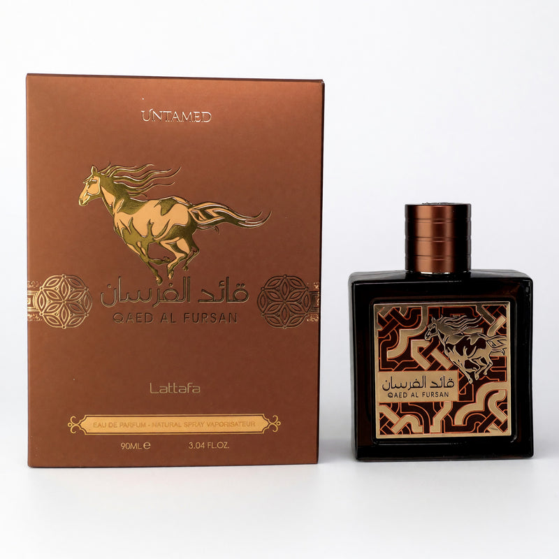 Qaed Al Fursan Untamed by Lattafa 3 oz unisex EDP spray bottle with sleek design and transparent cap.