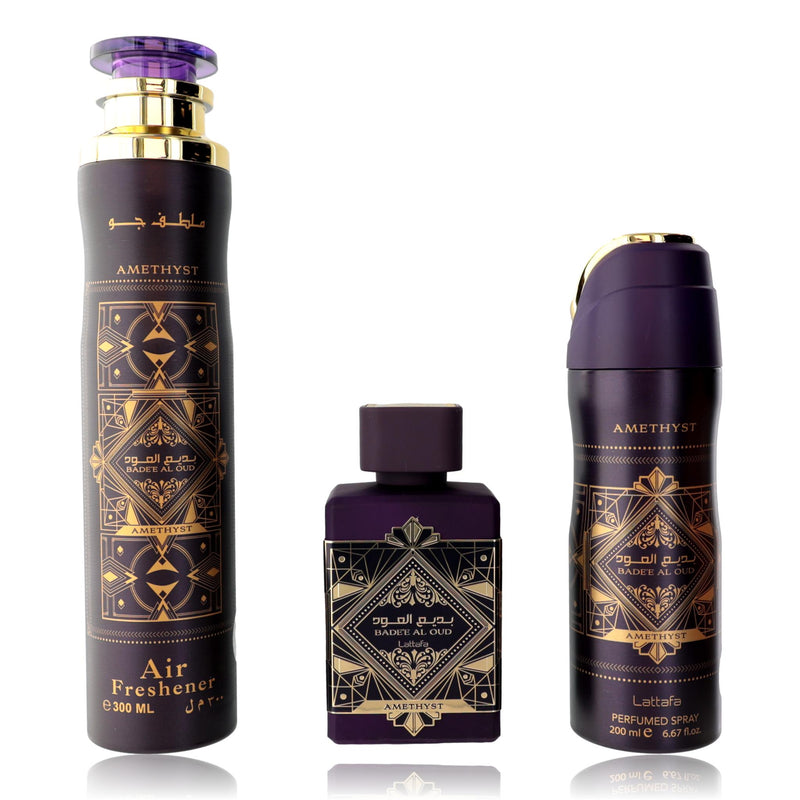 Lattafa Bad'e Al Oud Amethyst 3-piece unisex gift set with perfume bottles and decorative packaging.