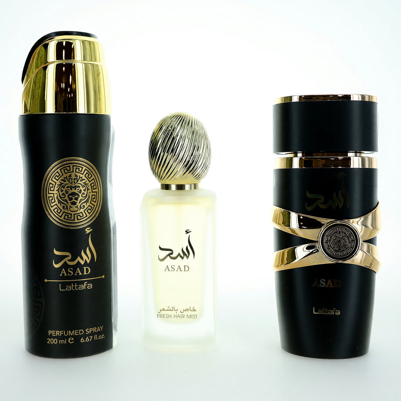 Asad by Lattafa men’s 3-piece gift set including perfume bottles and accessories, elegantly arranged on a neutral background.