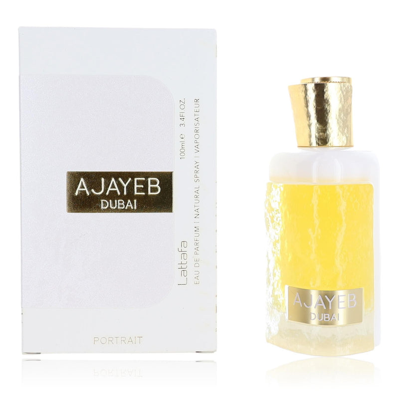 Lattafa Ajayeb Dubai portrait 3.4 oz unisex EDP spray bottle, elegant fragrance design and branding visible in the image.