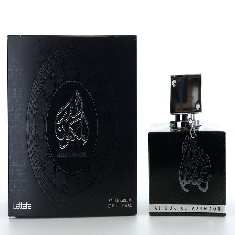 Lattafa Al Dur Al Maknoon Silver 3.4 oz EDP spray bottle, featuring sleek silver packaging and elegant design.