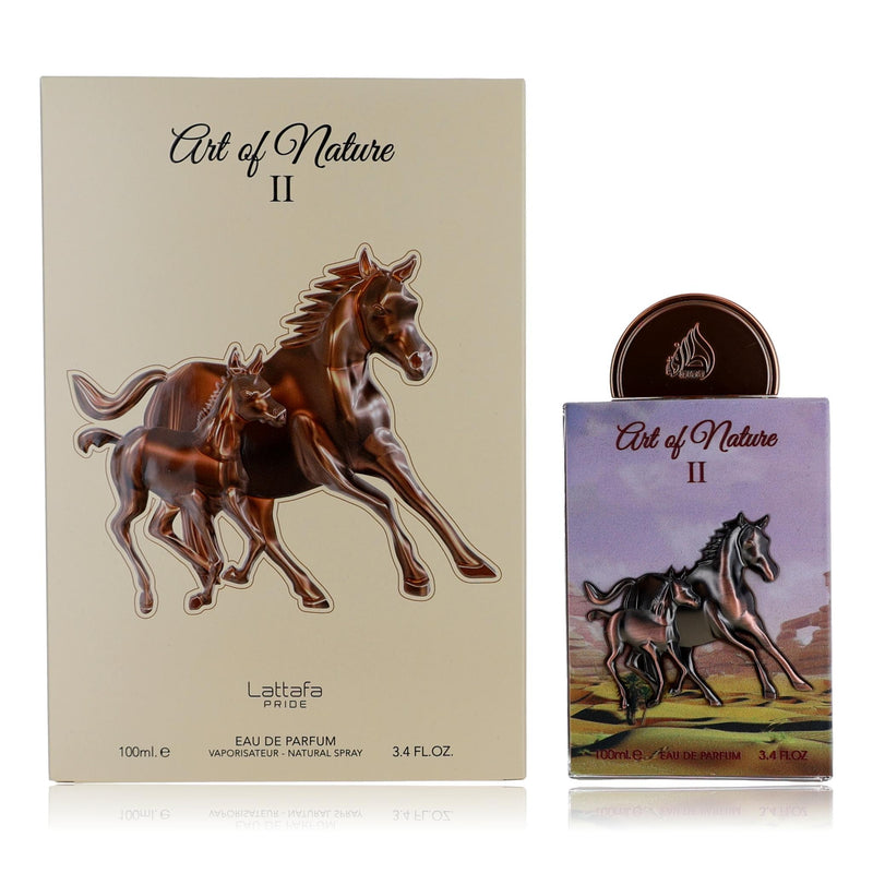Lattafa Art Of Nature II 3.4 oz unisex EDP spray bottle with elegant packaging and a sleek design.