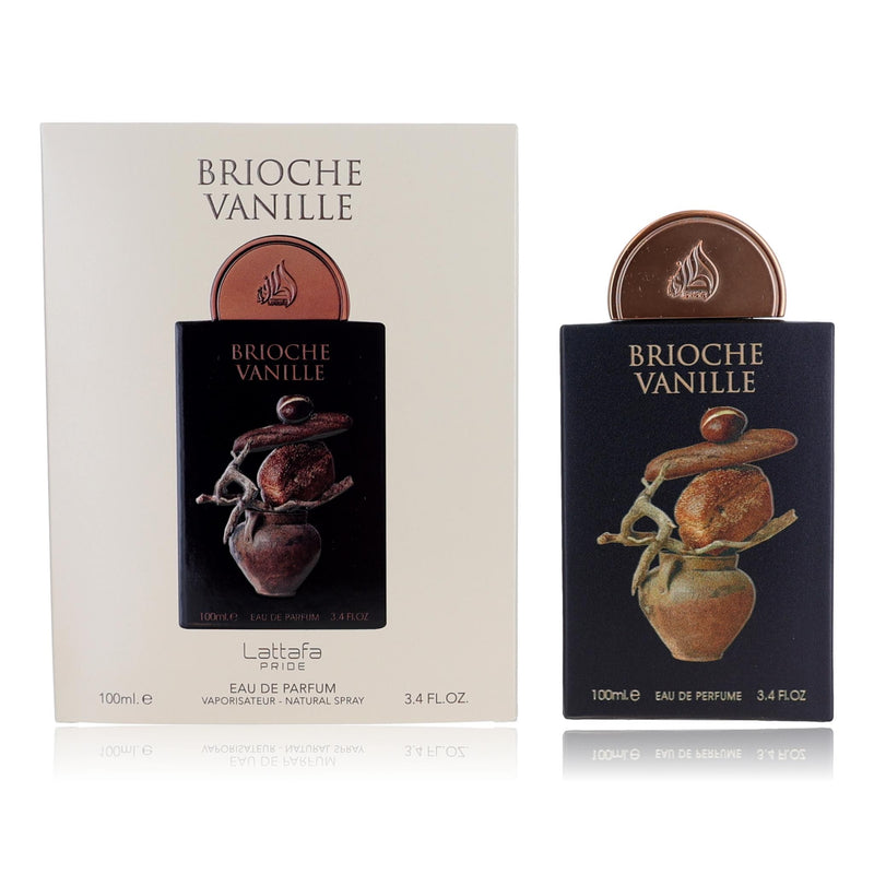 Lattafa Brioche Vanille 3.4 oz unisex EDP spray bottle, featuring a sleek design and vanilla fragrance.
