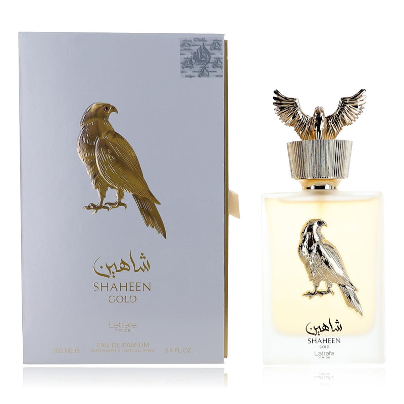 Lattafa Shaheen Gold 3.4 oz women's Eau de Parfum spray with elegant gold packaging and a sophisticated fragrance design.