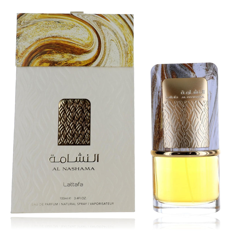 Lattafa Al Nashama unisex 3.4 oz EDP spray with elegant bottle design, showcasing the fragrance for men and women.