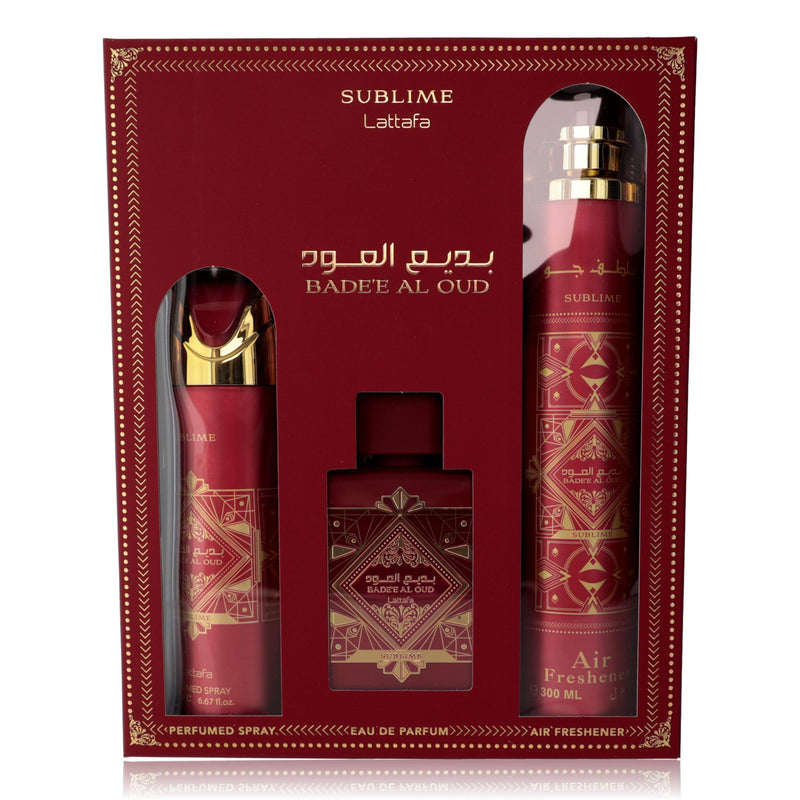Lattafa Bad'e Al Oud Sublime 3-piece unisex gift set with perfumes and accessories, featuring elegant packaging and luxurious scent bottles.