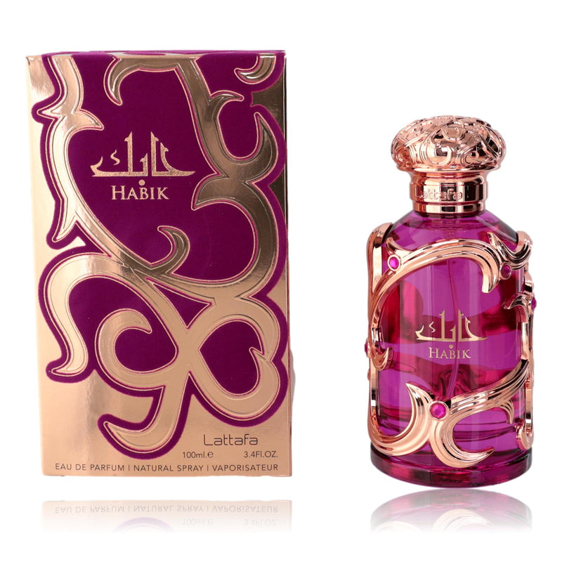 Habik by Lattafa 3.4 oz women’s EDP spray with elegant floral bottle and sleek design.