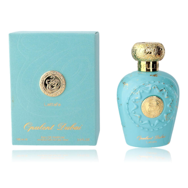 Lattafa Opulent Dubai 3.4 oz unisex EDP spray bottle, elegant design, showcasing the luxury fragrance for men and women.