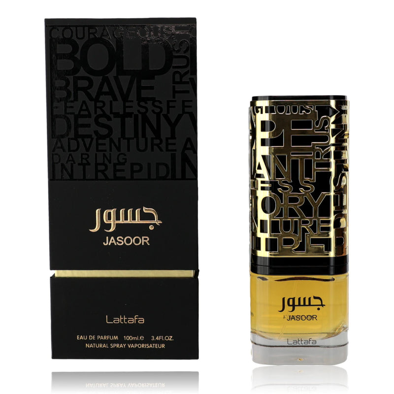Jasoor by Lattafa 3.4 oz unisex EDP spray bottle with sleek design and clear label, ready for application.