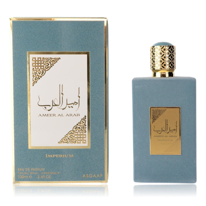 Lattafa Ameer Al Arab Imperium men's 3.4 oz EDP spray bottle with elegant packaging and sleek design.