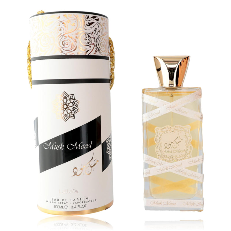 Lattafa Musk Mood unisex 3.4 oz EDP spray bottle with sleek packaging and minimalist design.