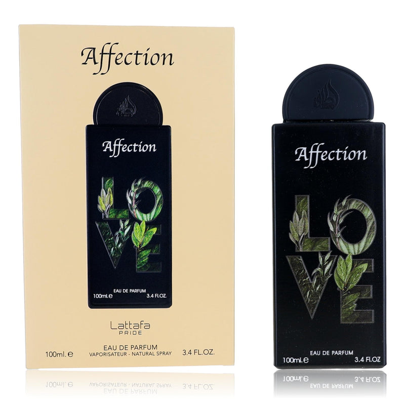 Lattafa Pride Affection unisex 3.4 oz EDP spray bottle with elegant packaging and floral and woody fragrance notes.