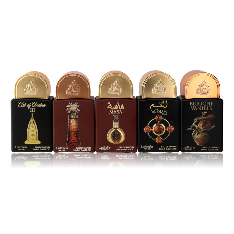Lattafa Pride Collection No.4 unisex 5-piece set including perfumes and accessories, arranged on a neutral background.