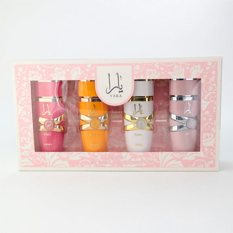 Lattafa My Yara Collection 4-piece perfume set for women, featuring elegant bottles and floral packaging.