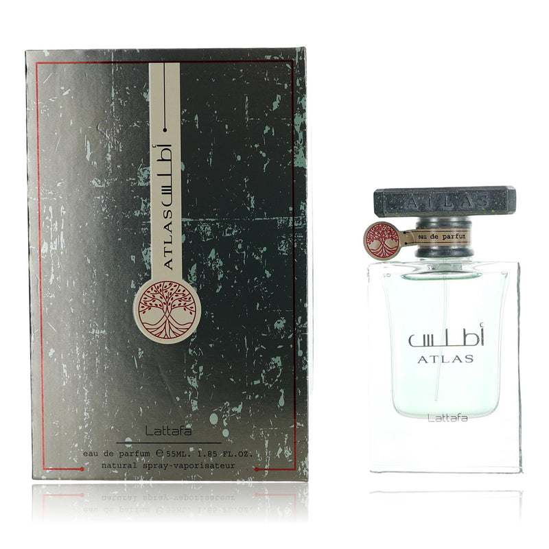 Lattafa Atlas unisex 1.85 oz EDP spray bottle, elegant perfume with a sleek design, suitable for both men and women.