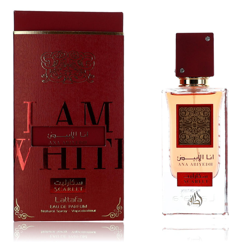 Lattafa Ana Abiyedh Scarlet 2.04 oz women's EDP spray bottle with elegant packaging and floral design.