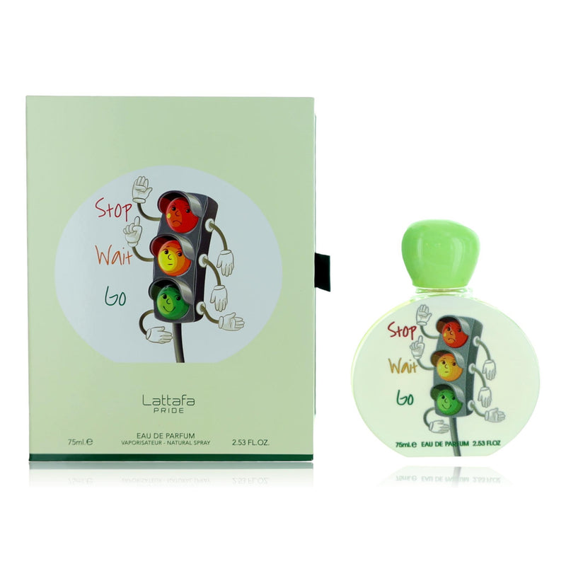 Lattafa Stop Wait Go kids' 2.53 oz EDP spray, colorful bottle with playful design, suitable for children.