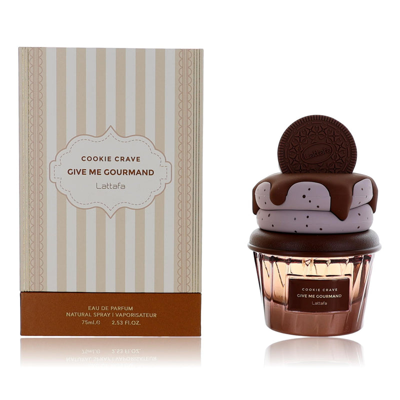 Lattafa Cookie Crave Give Me Gourmand 2.53 oz EDP spray for women, featuring a sleek bottle design and fragrance details.