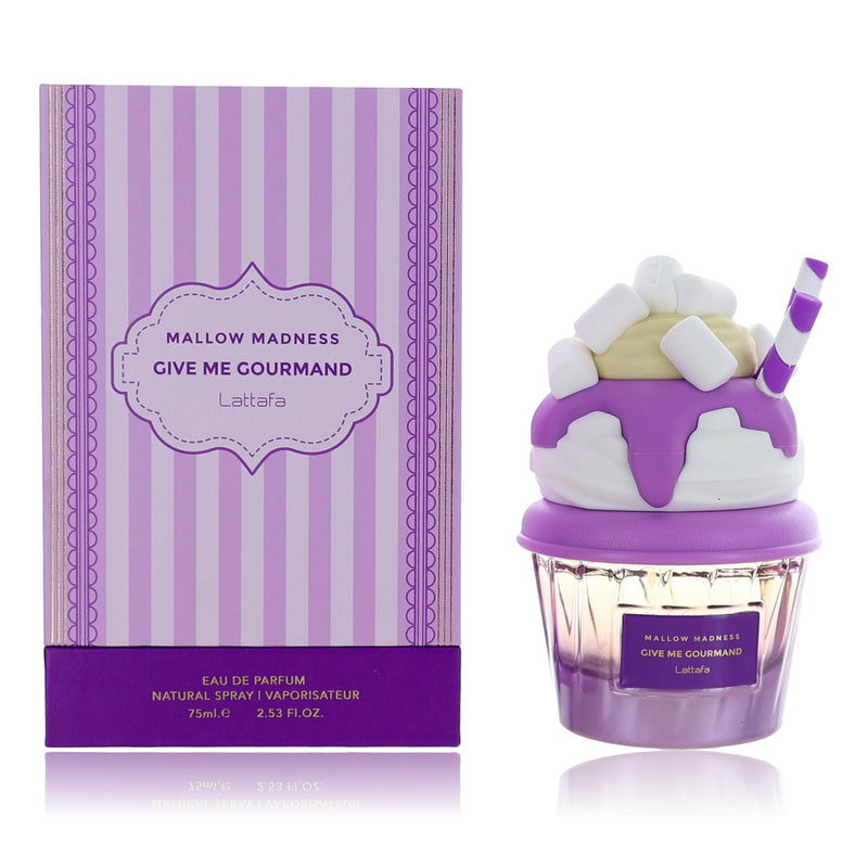 Lattafa Mallow Madness Give Me Gourmand 2.53oz women’s EDP spray with floral and sweet scent, displayed in a sleek perfume bottle.