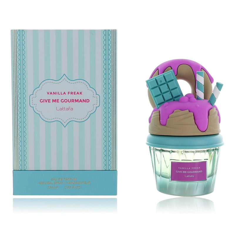 Lattafa Vanilla Freak Give Me Gourmand 2.53 oz EDP spray for women, featuring a sleek bottle with vanilla accents.