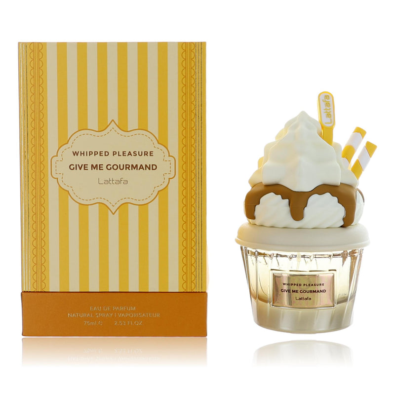 Lattafa Whipped Pleasure Give Me Gourmand women’s 2.53oz EDP spray bottle, elegant fragrance with a luxurious design.