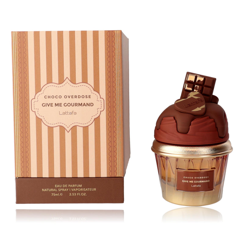 Lattafa Choco Overdose Give Me Gourmand 2.5 oz women’s EDP spray with a sleek bottle, featuring rich chocolate and gourmand fragrance notes.