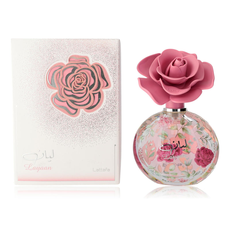 Layaan by Lattafa women's 2.5 oz EDP spray bottle, elegant fragrance packaging with floral and fruity notes visible.