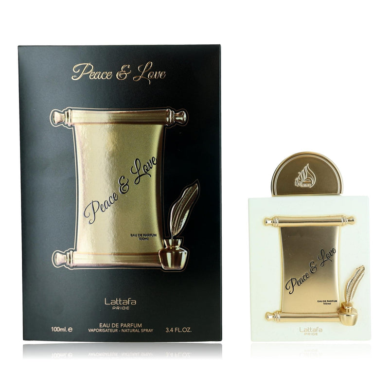 Lattafa Pride Peace & Love unisex 3.4 oz EDP spray, elegant bottle with vibrant design, representing harmony and love.