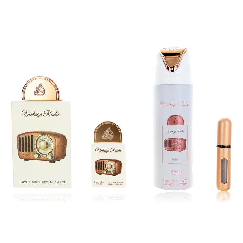 Vintage radio by Lattafa, 3-piece unisex gift set featuring classic design and physical radio components.