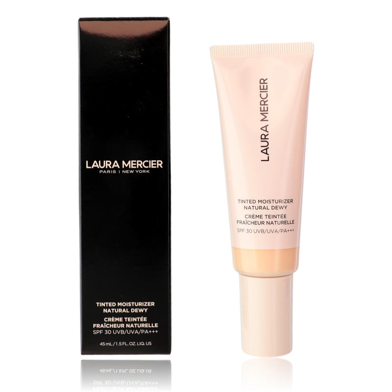 Laura Mercier Tinted Moisturizer Natural Dewy SPF 30 in 1.5N Silk, physical formula, showing the product tube with soft lighting
