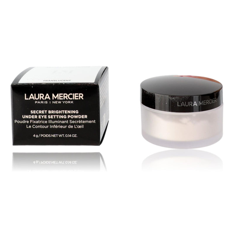 Laura Mercier Secret Brightening Powder translucent under eye setting powder in a small container with a smooth powder surface.