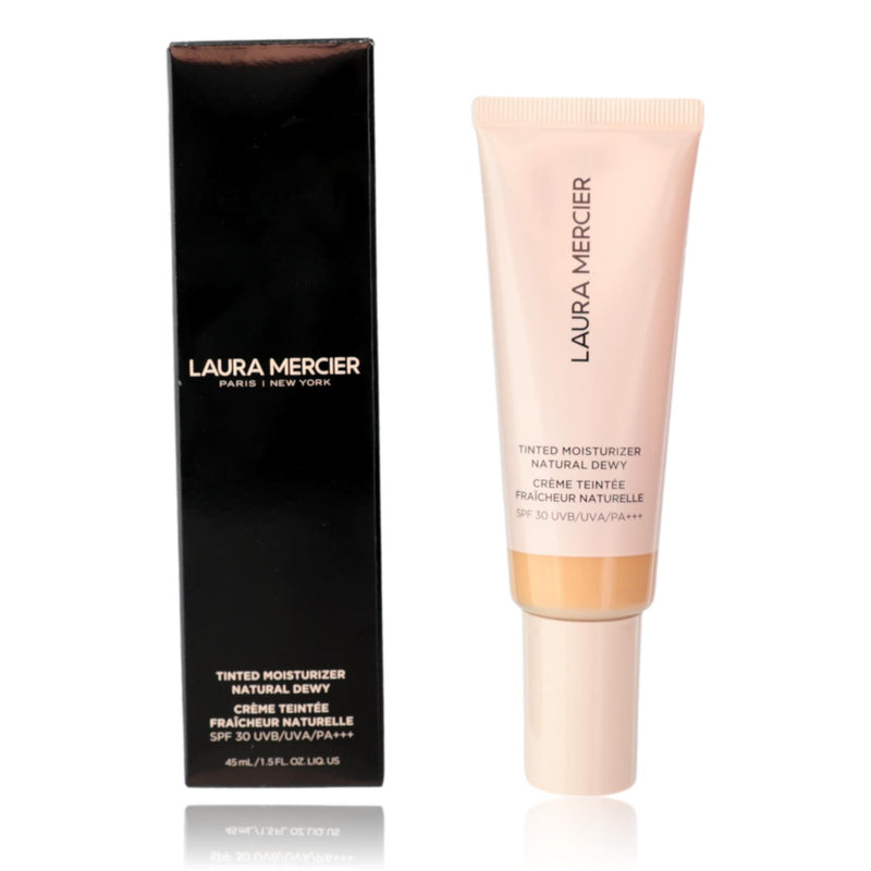Laura Mercier Tinted Moisturizer Natural Dewy SPF 30 in 1W Blonde with physical formula and light beige shade.