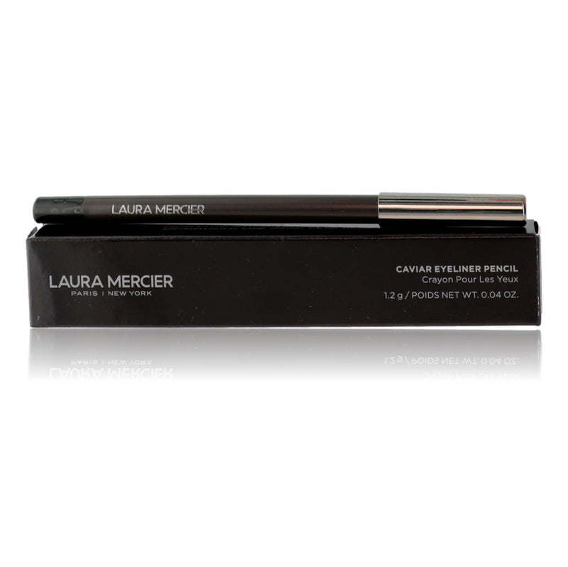 Laura Mercier Caviar Eyeliner Pencil in Tuxedo, black waterproof eyeliner pencil, visible in close-up with sharpened tip.